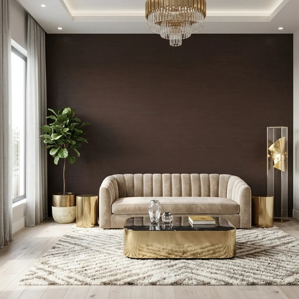 Living Room - Elegant space features York Wallcoverings' Painted Hemp wallpaper in rich Mahogany, adding natural texture and warmth.