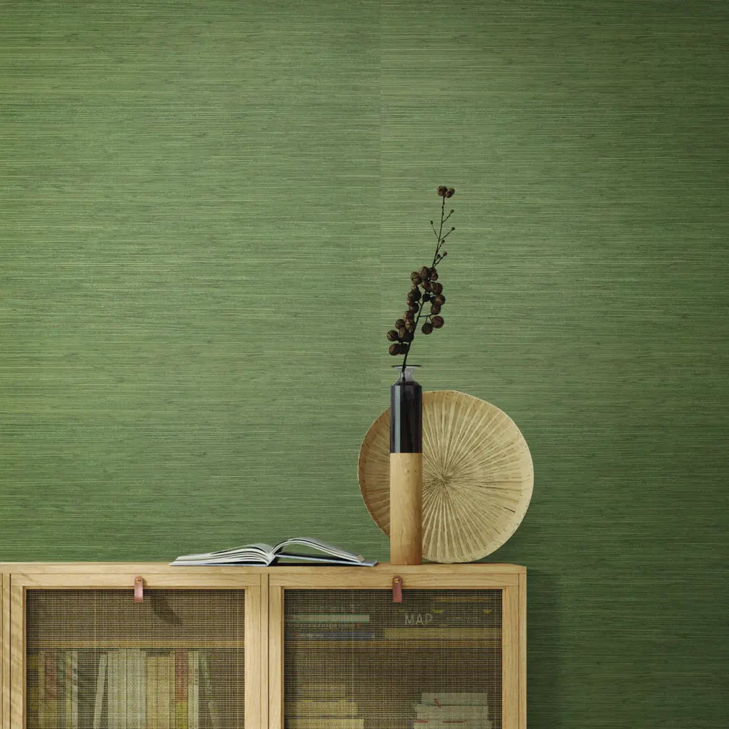 Modern living room showcases Olive Green Painted Hemp wallpaper by York Wallcoverings, adding organic texture and style.