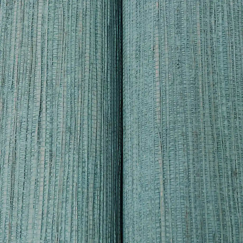 Close-up texture of York Wallcoverings' Painted Hemp wallpaper in Dusty Teal, showcasing its woven, natural material detail.