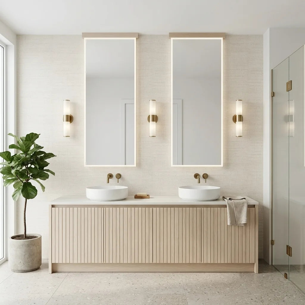 Bathroom - Elegant bathroom featuring "Painted Raffia" wallpaper in Warm Ivory by York Wallcoverings, adding texture and sophistication.