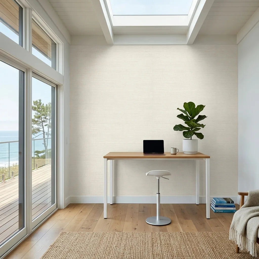 Home Office - Painted Raffia wallpaper in Warm Ivory by York Wallcoverings creates a serene and elegant workspace.