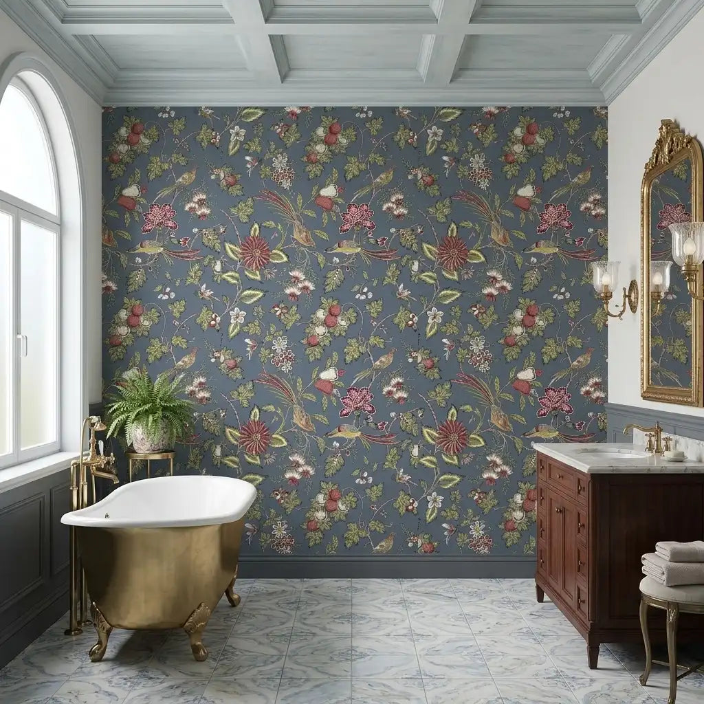 Bathroom - Featuring York Wallcoverings' 'Parterre' wallpaper in Blue, Green for a stylish and vibrant space.