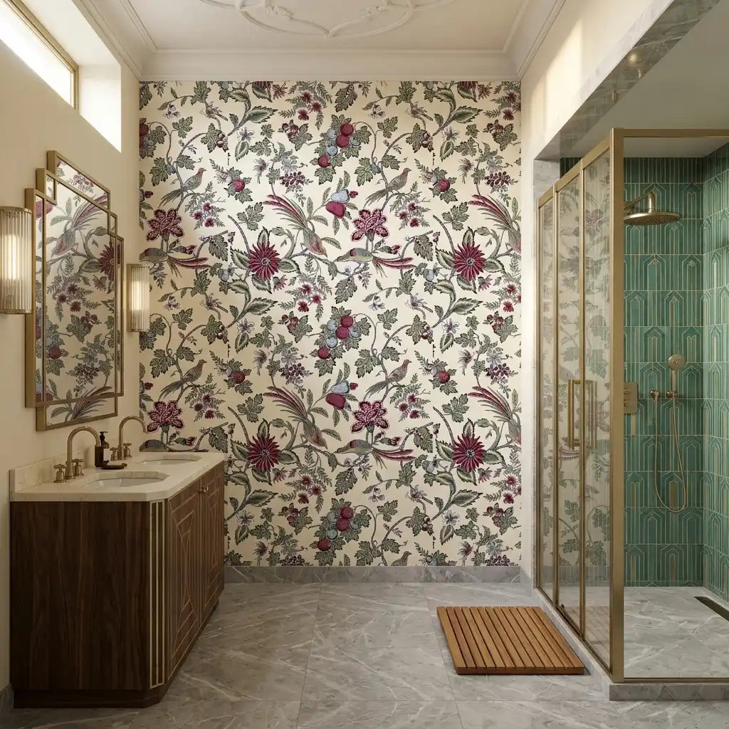 Bathroom - Parterre wallpaper in Cream, Pink, Green by York Wallcoverings adorns this elegant bathroom, adding a touch of classic style.