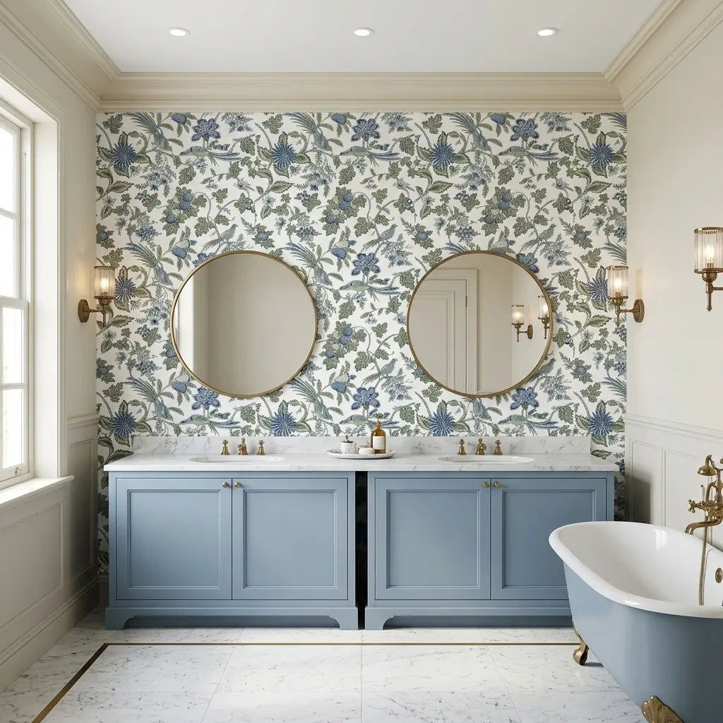 Bathroom - Elegant bathroom features Parterre wallpaper in Blue, Green, White by York Wallcoverings, creating a stylish space.