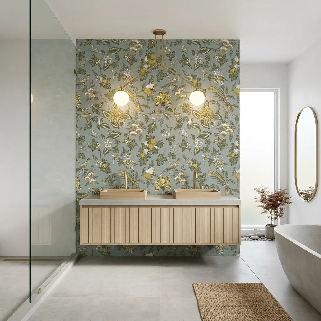 Bathroom - Features Parterre wallpaper by York Wallcoverings in a stylish grey, green, and yellow floral pattern.