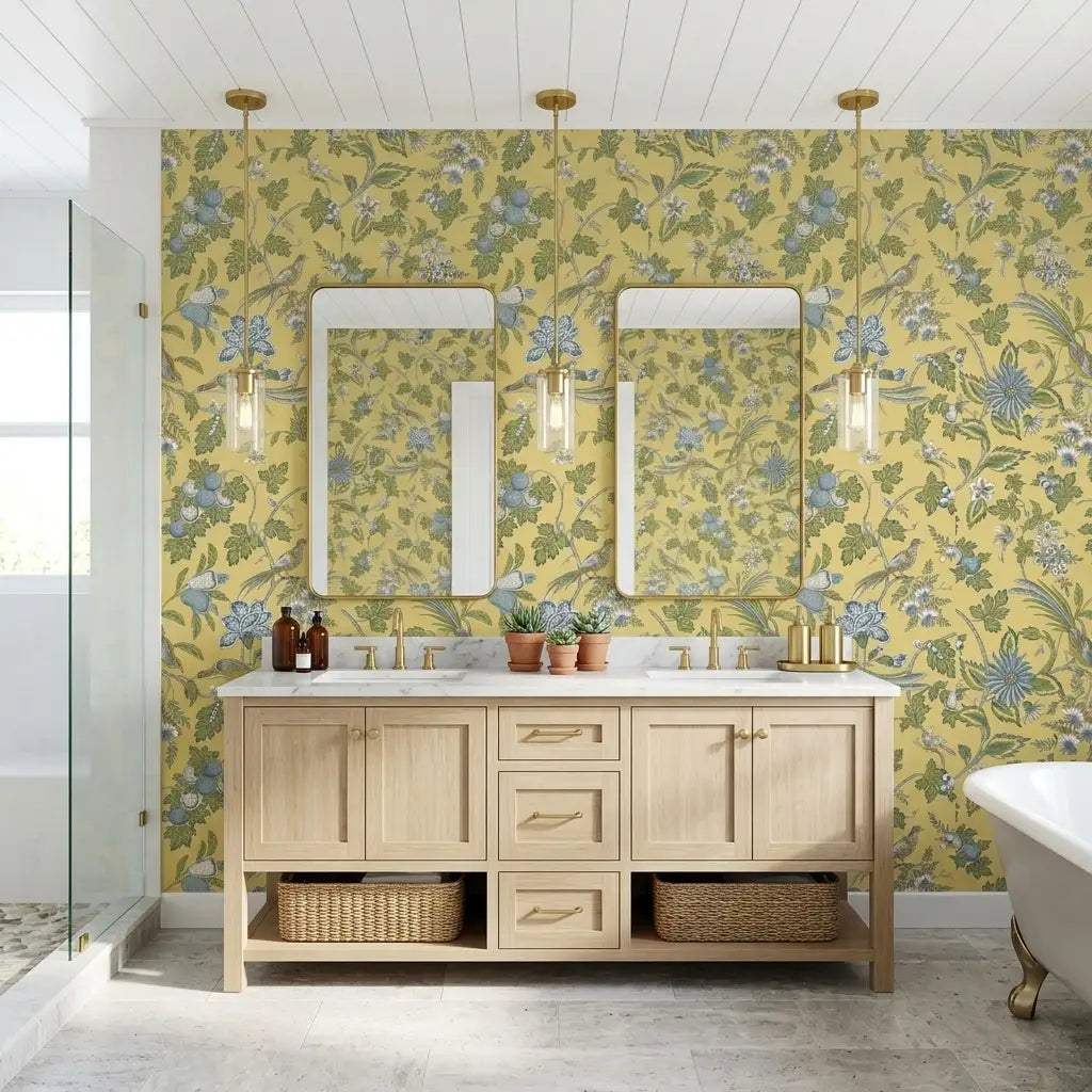 Bathroom - Stylish bathroom featuring Parterre wallpaper in Yellow, Green by York Wallcoverings for a fresh design.
