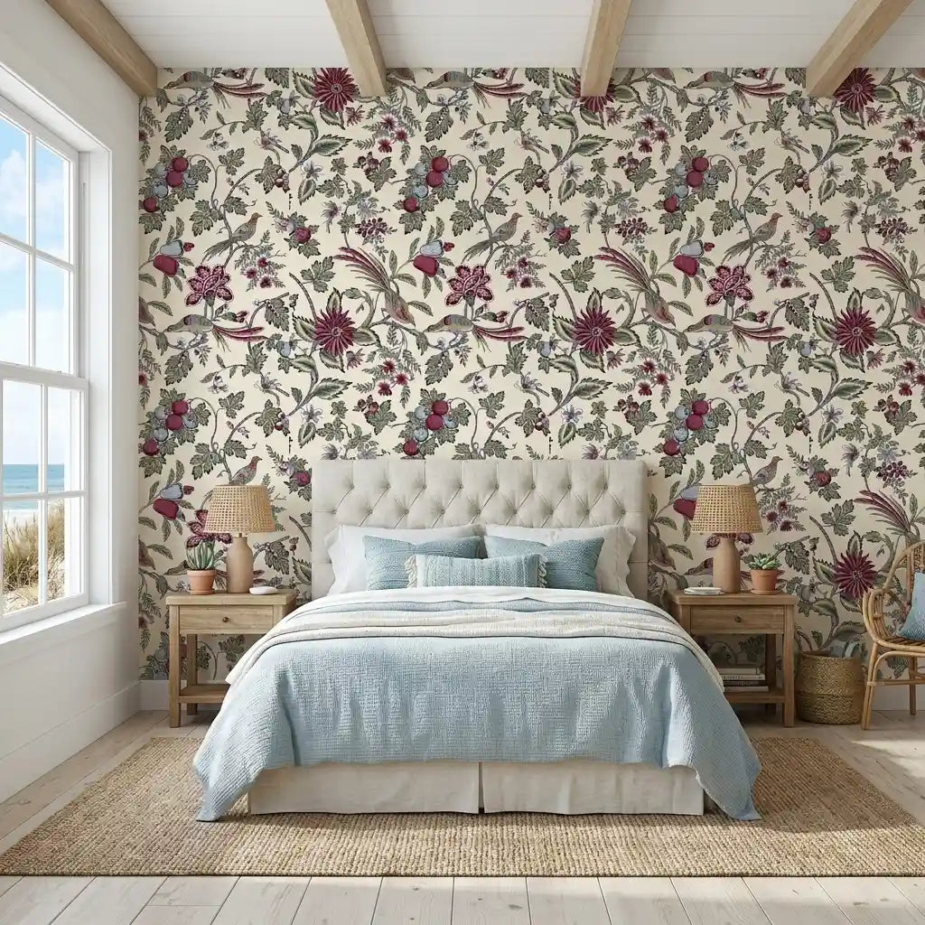 Bedroom - Elegant space with Parterre Cream, Pink, Green wallpaper by York Wallcoverings, adding a sophisticated floral touch.