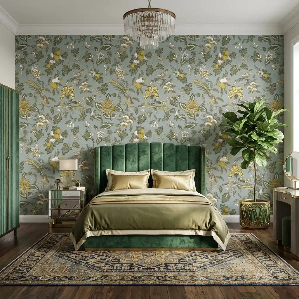 Bedroom - Parterre wallpaper in grey, green, yellow by York Wallcoverings adds elegant, nature-inspired style to this space.