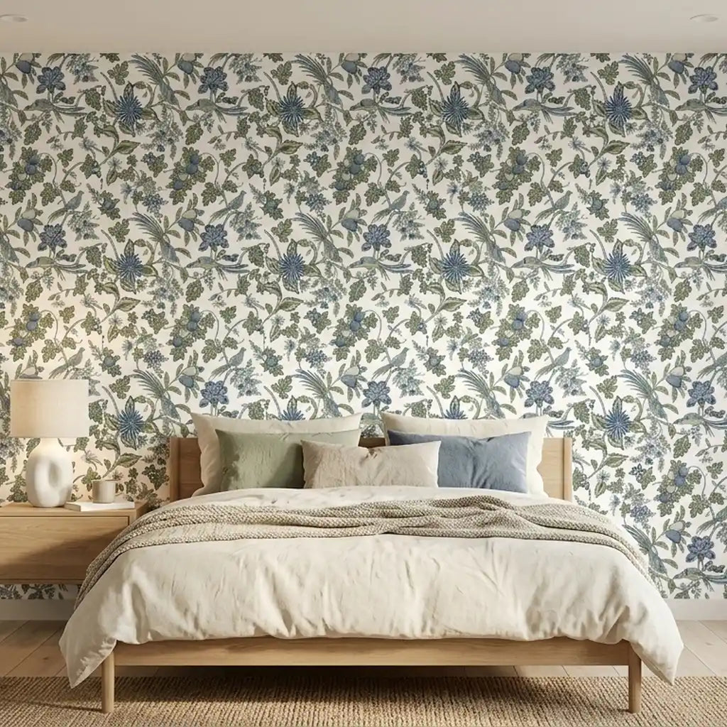 Bedroom - featuring York Wallcoverings 'Parterre' wallpaper in blue, green, and white botanical design.