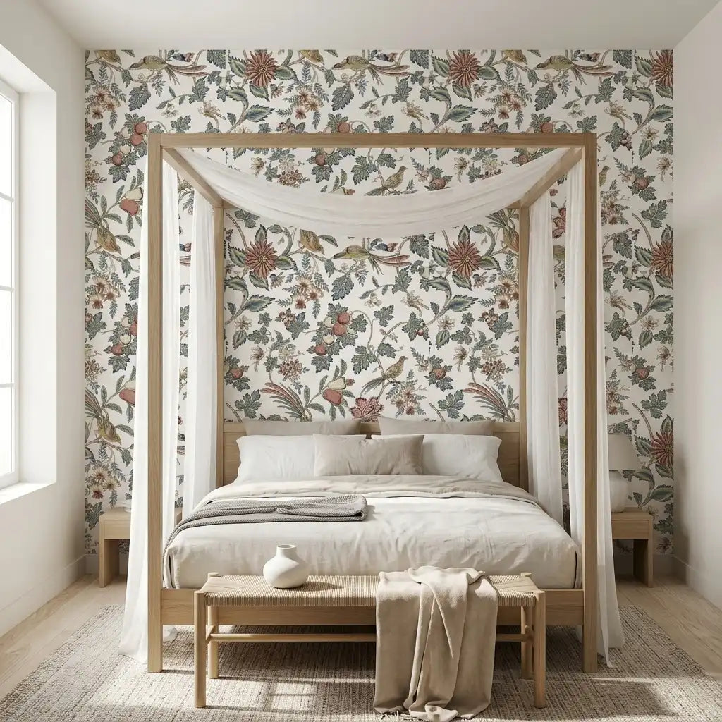 Bedroom - Elegant bedroom featuring Parterre wallpaper in Cream, Pink, Green by York Wallcoverings, creating a serene botanical retreat.