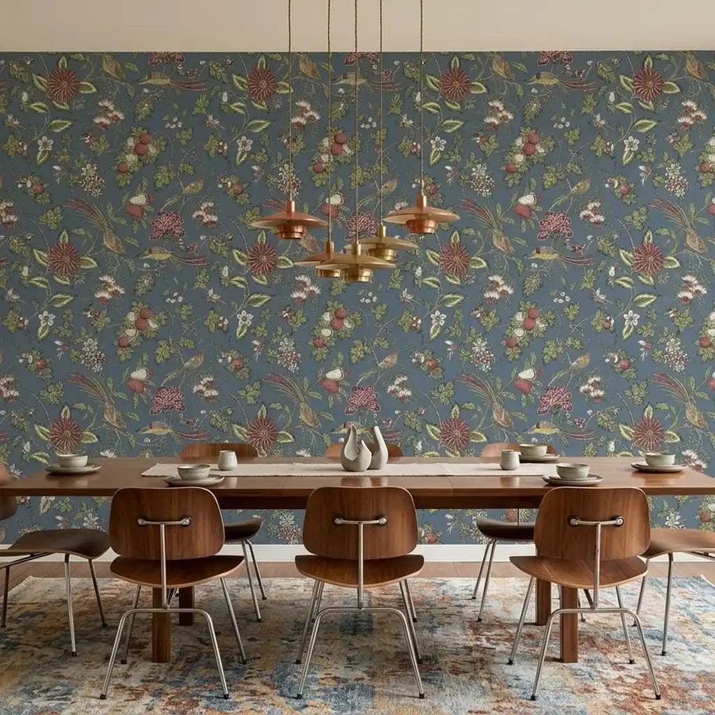 Dining Room - Features 'Parterre' wallpaper in Blue and Green by York Wallcoverings, creating an elegant and vibrant space.