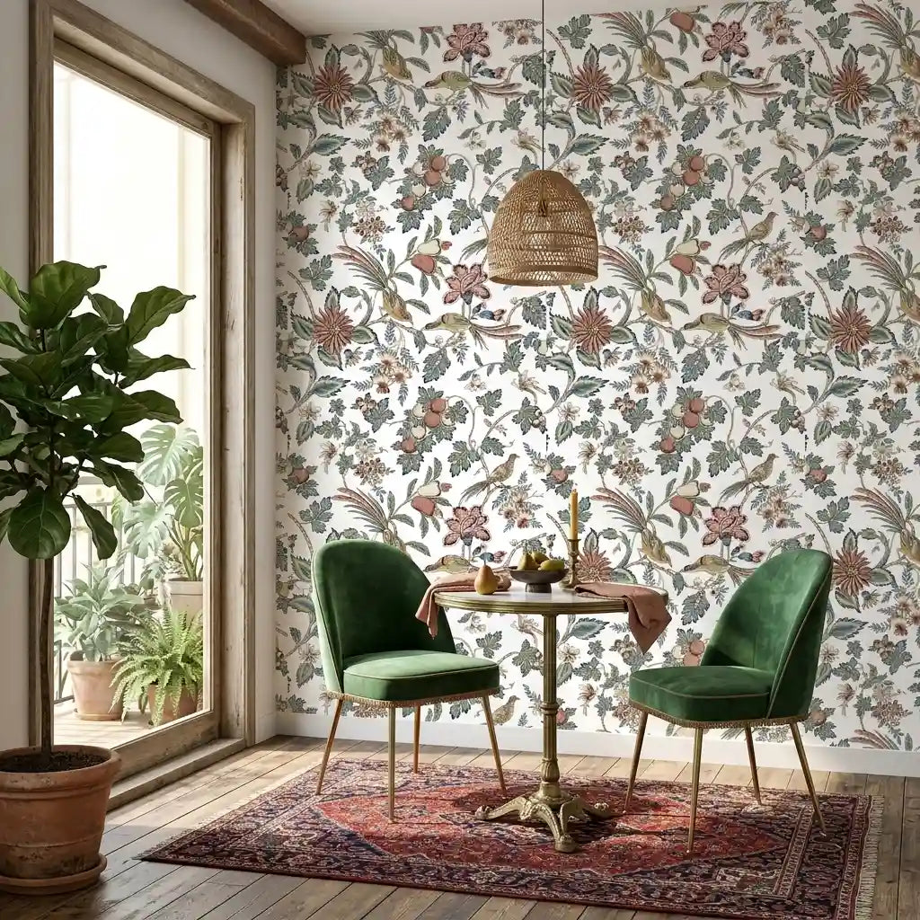 Dining Room - Features Parterre wallpaper by York Wallcoverings in a beautiful Cream, Pink, and Green floral pattern.