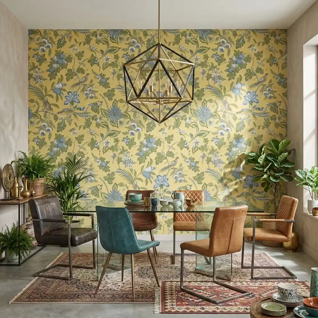 Dining Room - Bright and inviting with stunning Yellow and Green 'Parterre' wallpaper from York Wallcoverings.