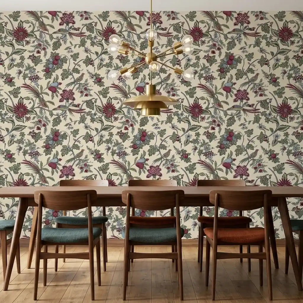 Dining Room - Sophisticated dining room featuring "Parterre" wallpaper by York Wallcoverings with cream, pink, green florals.