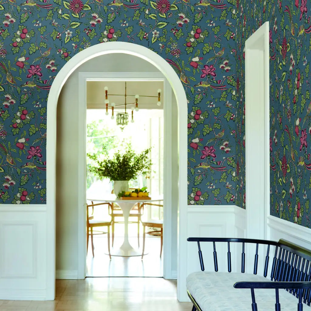 Entryway featuring stunning Parterre wallpaper in Blue & Green by York Wallcoverings, creating a vibrant welcome.