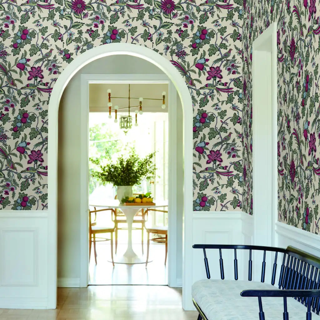 Entryway featuring beautiful "Parterre" wallpaper in Cream, Pink, Green by York Wallcoverings.