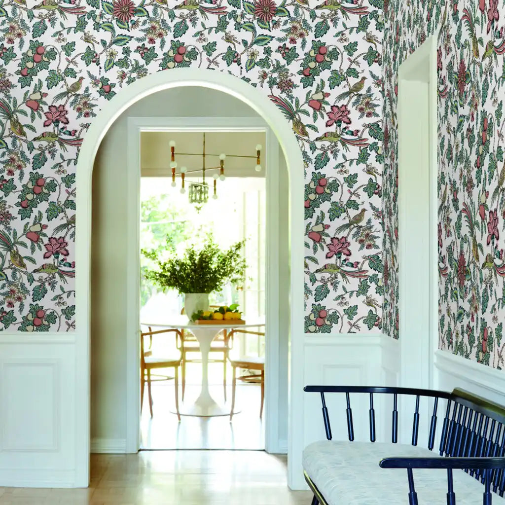 Elegant entryway photo showcasing Parterre wallpaper by York Wallcoverings in a beautiful Cream, Pink, Green floral pattern.