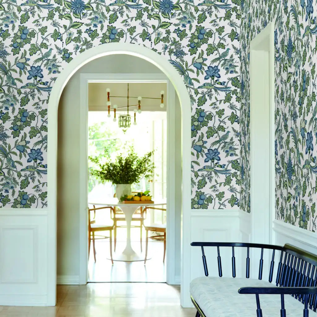 Bright entryway showcasing 'Parterre' wallpaper in Blue, Green, White from York Wallcoverings for a fresh, inviting look.