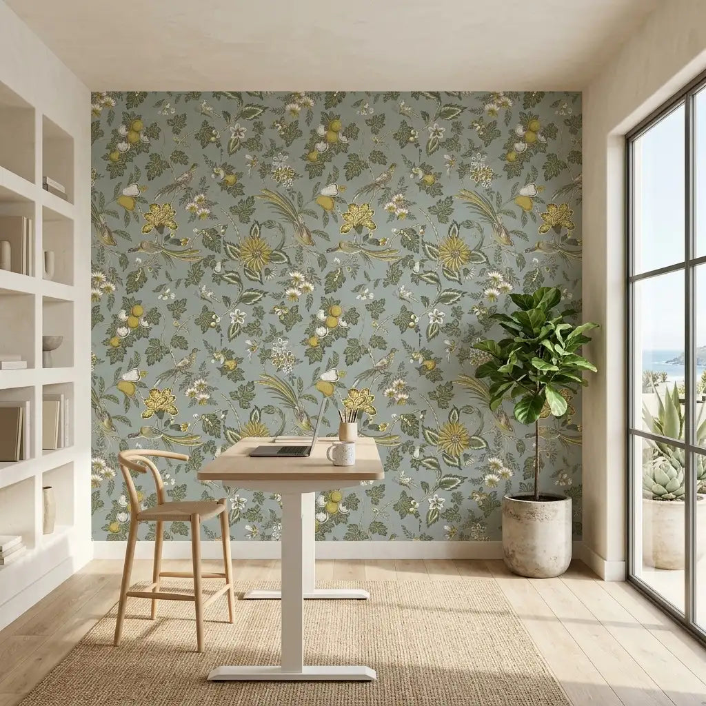 Home Office - Elegant home office with Parterre wallpaper in Grey, Green, Yellow by York Wallcoverings, creating a vibrant workspace.