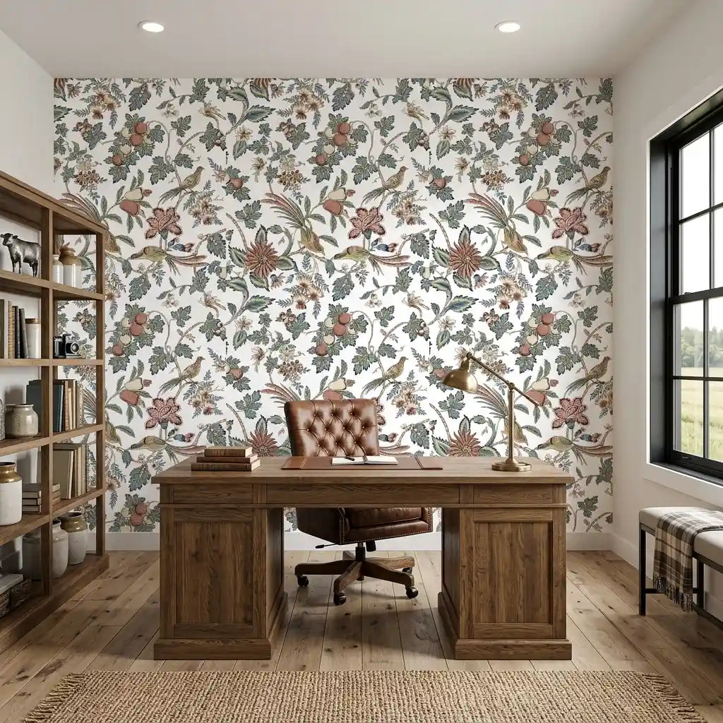 Home Office - Stylish space featuring Parterre wallpaper by York Wallcoverings in Cream, Pink, Green.