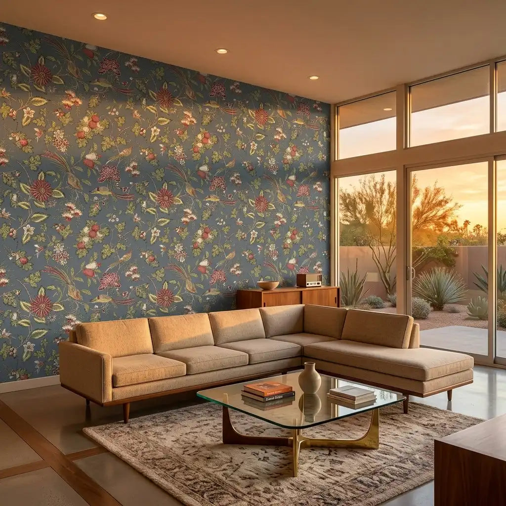 Living Room - features stunning Parterre wallpaper in Blue, Green by York Wallcoverings, creating a vibrant and elegant space.