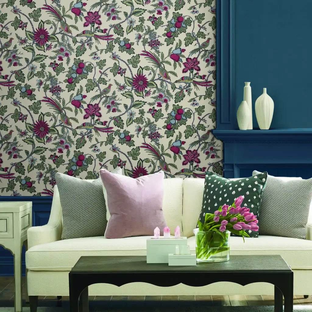 Living room featuring elegant "Parterre" wallpaper in Cream, Pink, Green by York Wallcoverings, creating a beautiful, inviting space.