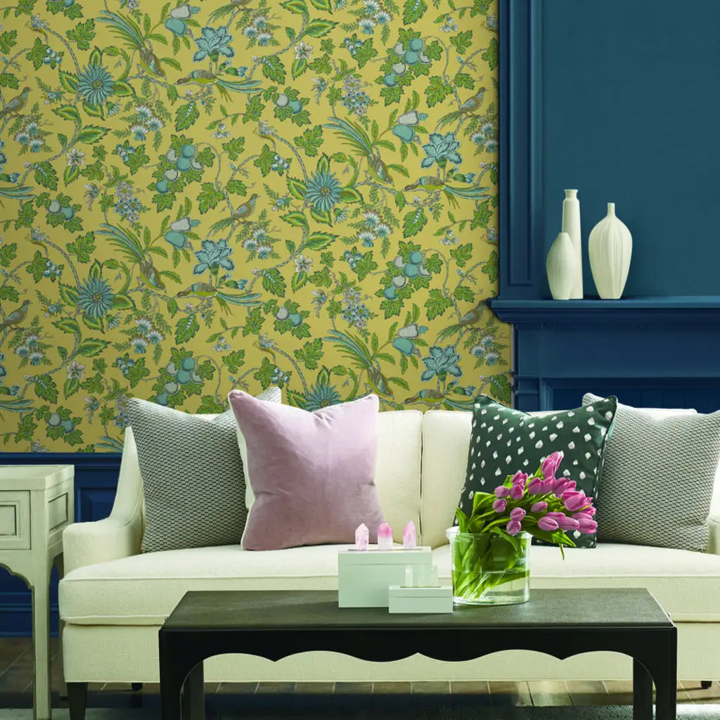 Inviting living room featuring York Wallcoverings' "Parterre" wallpaper in a vibrant Yellow and Green design.