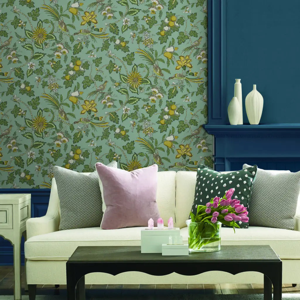 Living room with stunning Parterre wallpaper in Grey, Green, Yellow by York Wallcoverings creating an elegant space.