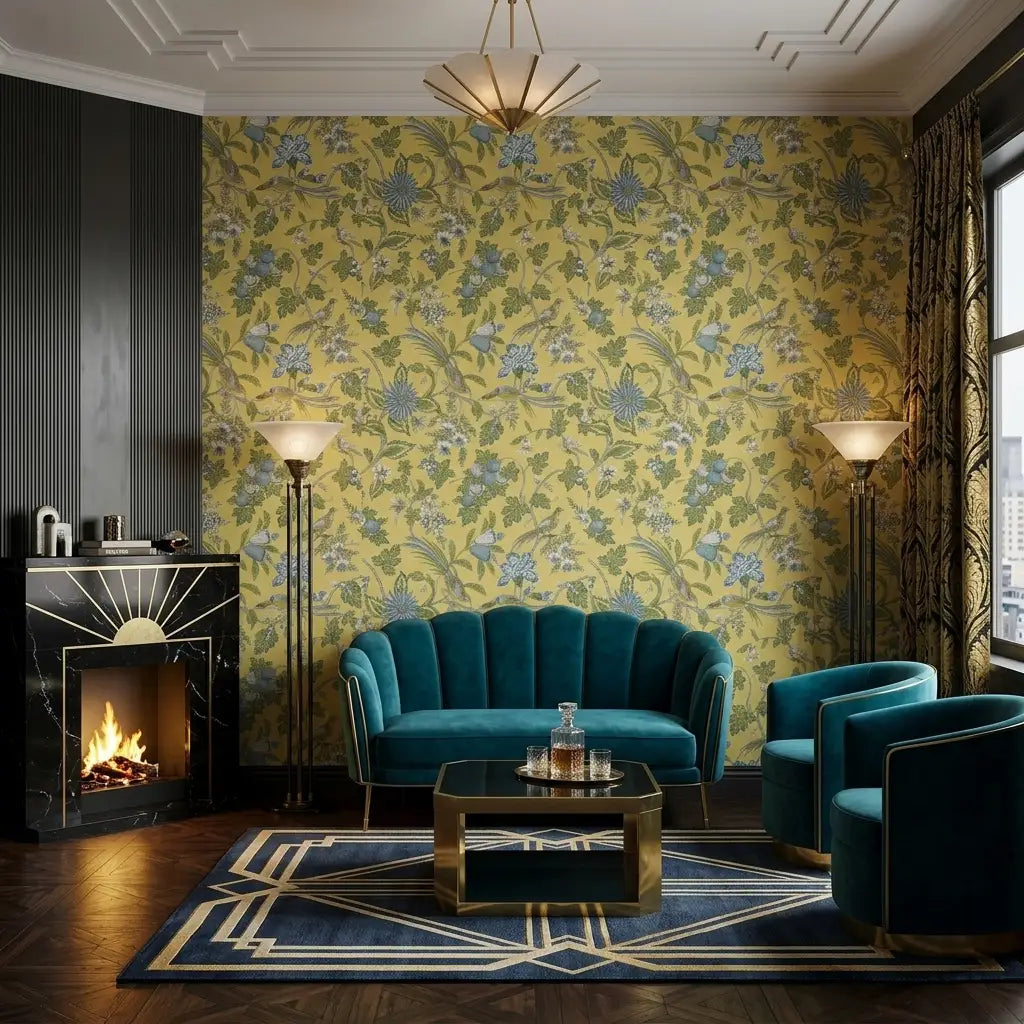 Living Room - Featuring 'Parterre' wallpaper in Yellow and Green by York Wallcoverings, a beautiful and vibrant design.