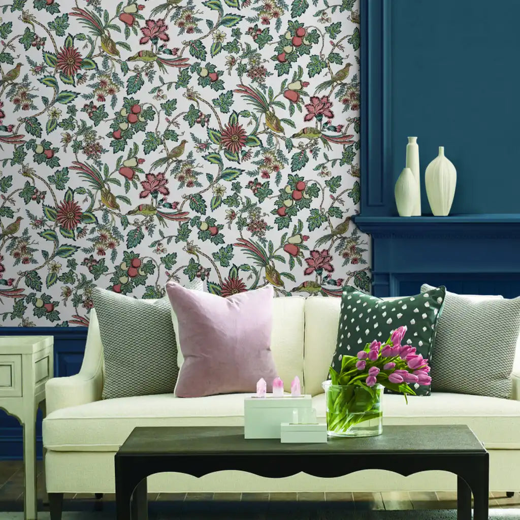 Elegant living room showcasing Parterre wallpaper in Cream, Pink, Green by York Wallcoverings.