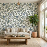 Living Room - Elegant living room showcasing 'Parterre' wallpaper in Blue, Green, White by York Wallcoverings.