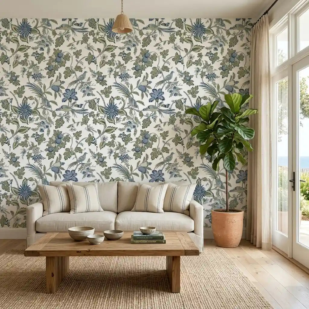 Living Room - Elegant living room showcasing 'Parterre' wallpaper in Blue, Green, White by York Wallcoverings.
