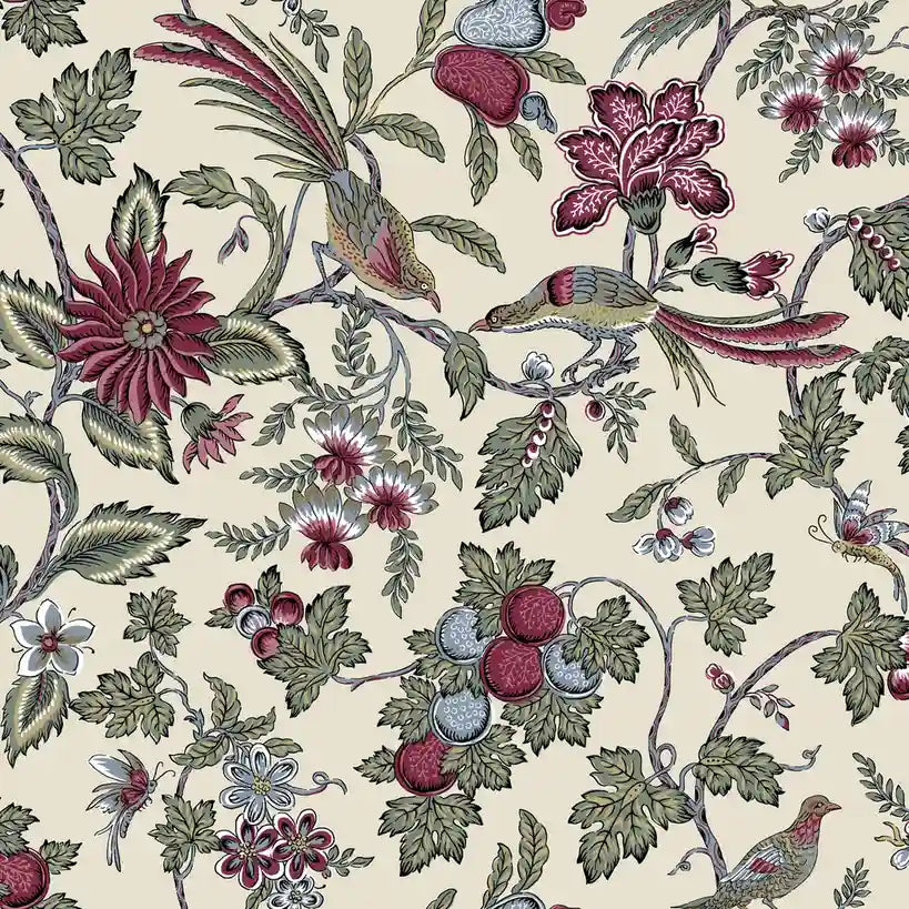 Parterre wallpaper pattern swatch in Cream, Pink, Green by York Wallcoverings.