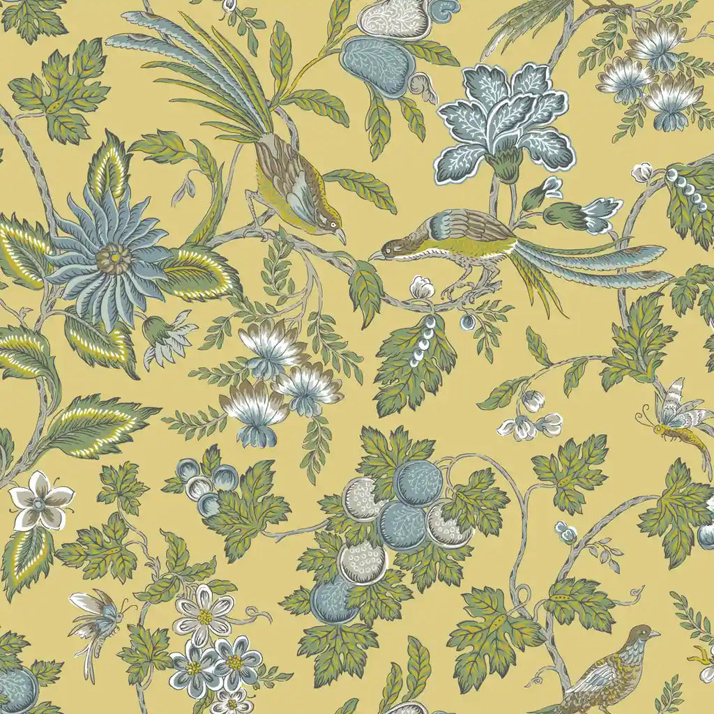 York Wallcoverings 'Parterre' wallpaper swatch in a yellow and green pattern.
