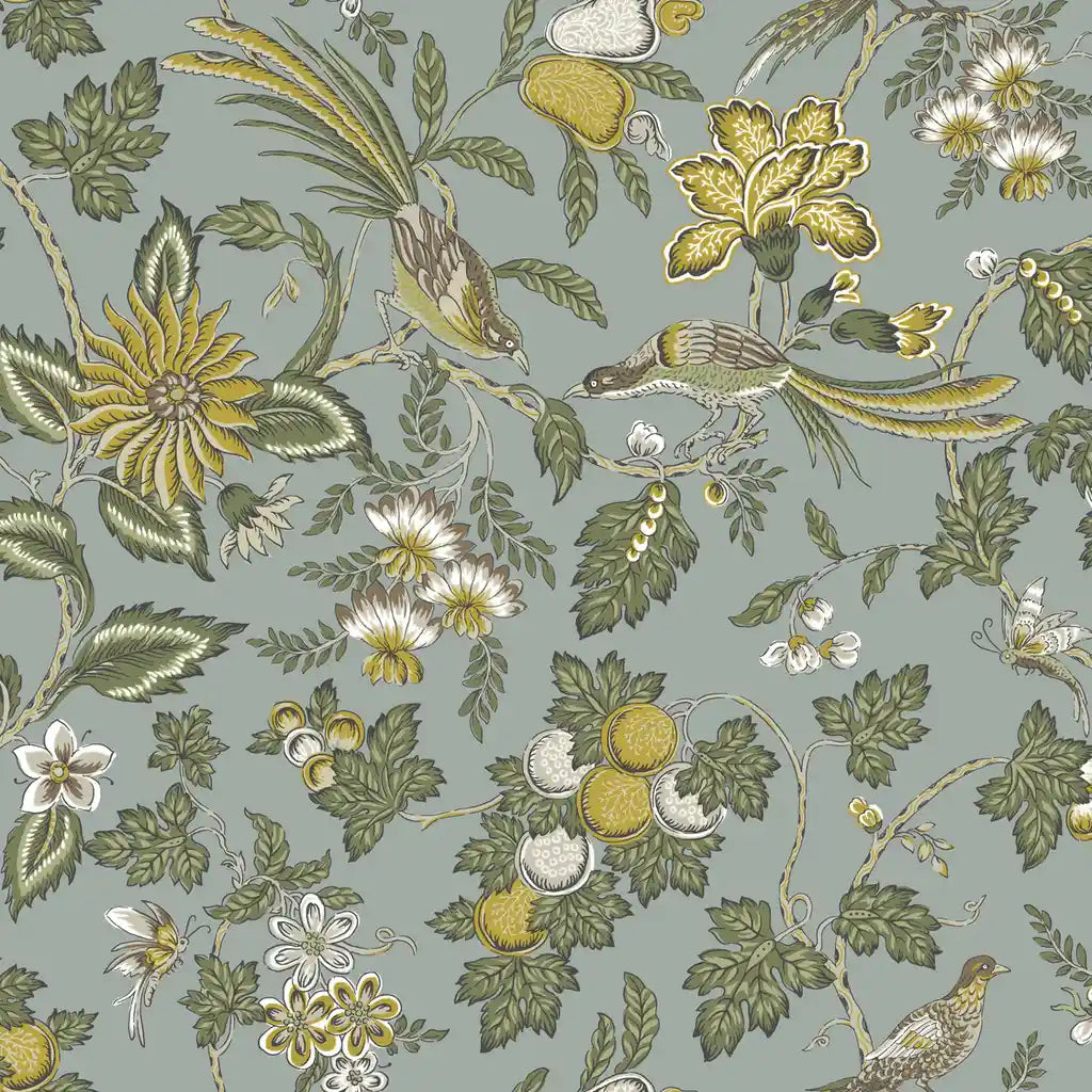 York Wallcoverings Parterre wallpaper pattern swatch in Grey, Green, Yellow, SKU VP1315.