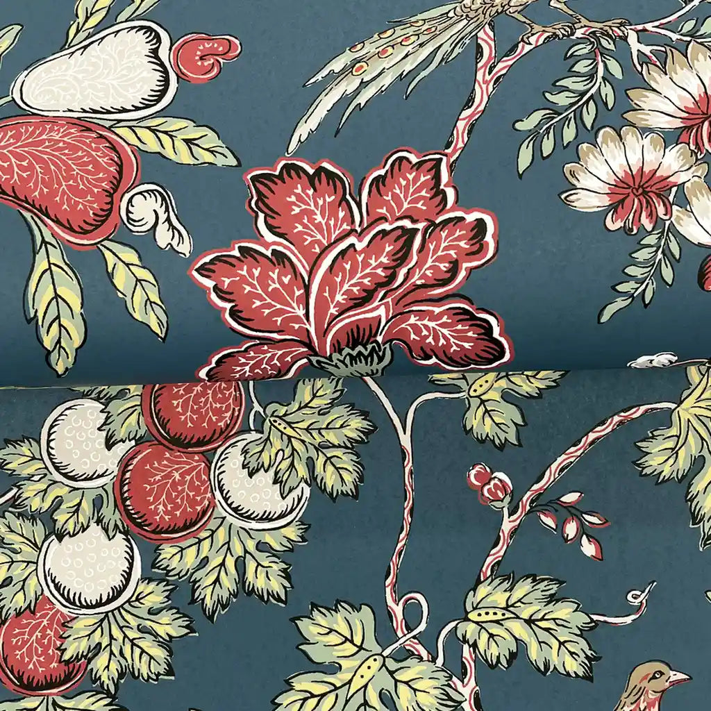 Close-up texture of York Wallcoverings 'Parterre' wallpaper in blue and green, highlighting intricate details and pattern.