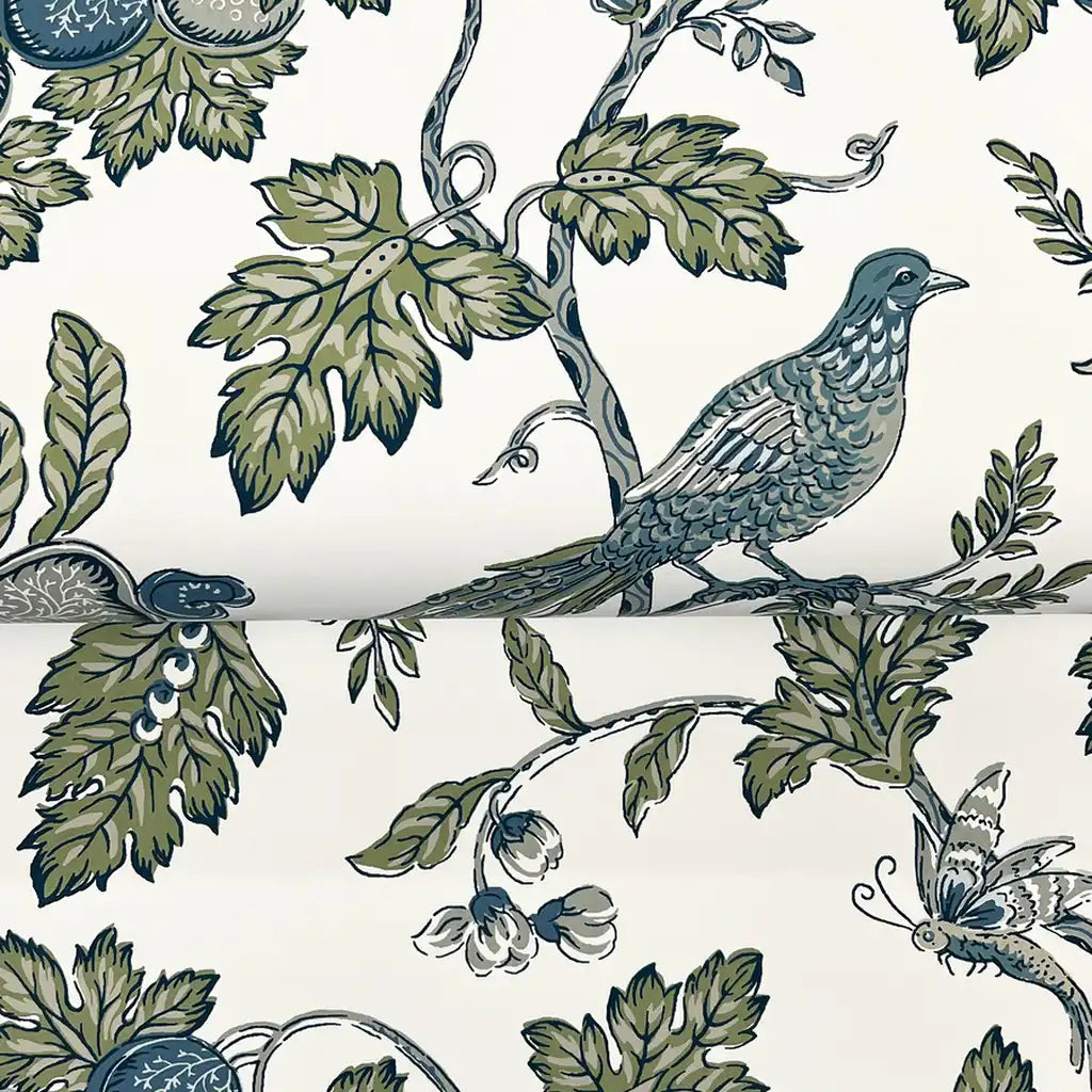 Detailed texture of York Wallcoverings' Parterre wallpaper in blue, green, and white.
