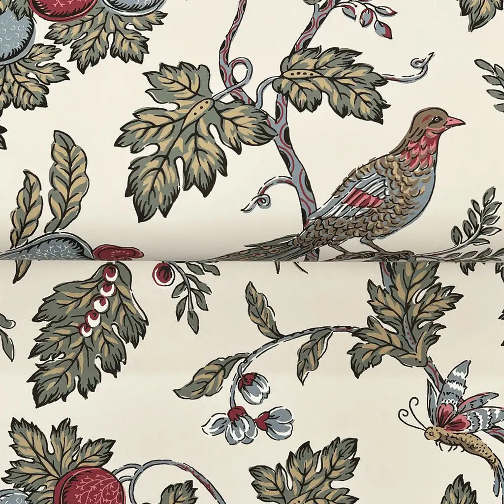 Close-up texture detail of York Wallcoverings' "Parterre" wallpaper in Cream, Pink, Green, showcasing its intricate pattern.