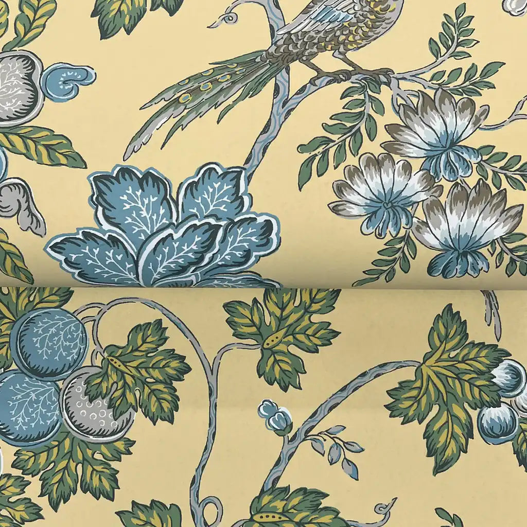 Close-up texture detail of York Wallcoverings' Parterre wallpaper in vibrant yellow and green hues.