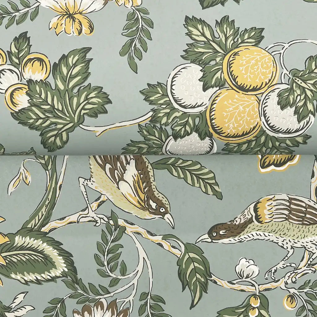 Close-up texture detail of Parterre wallpaper in Grey, Green, Yellow by York Wallcoverings.