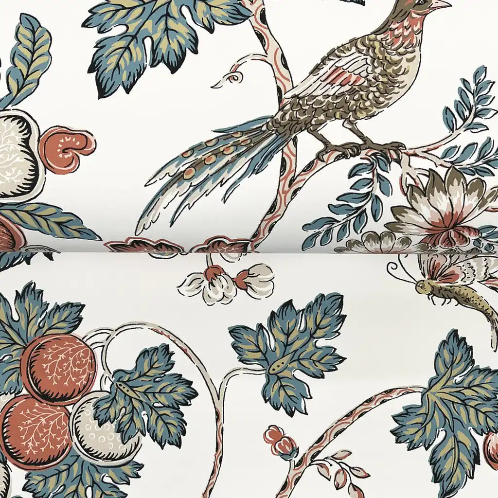 Close-up textured detail of York Wallcoverings 'Parterre' wallpaper, showcasing intricate patterns in cream, pink, and green.