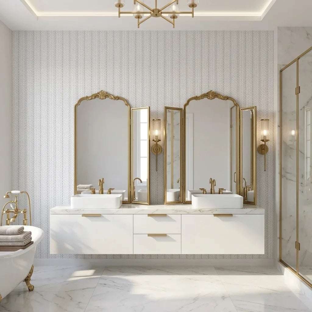 Bathroom - Stylish space featuring light grey 'Polo' wallpaper by York Wallcoverings, adding a sophisticated and clean aesthetic.