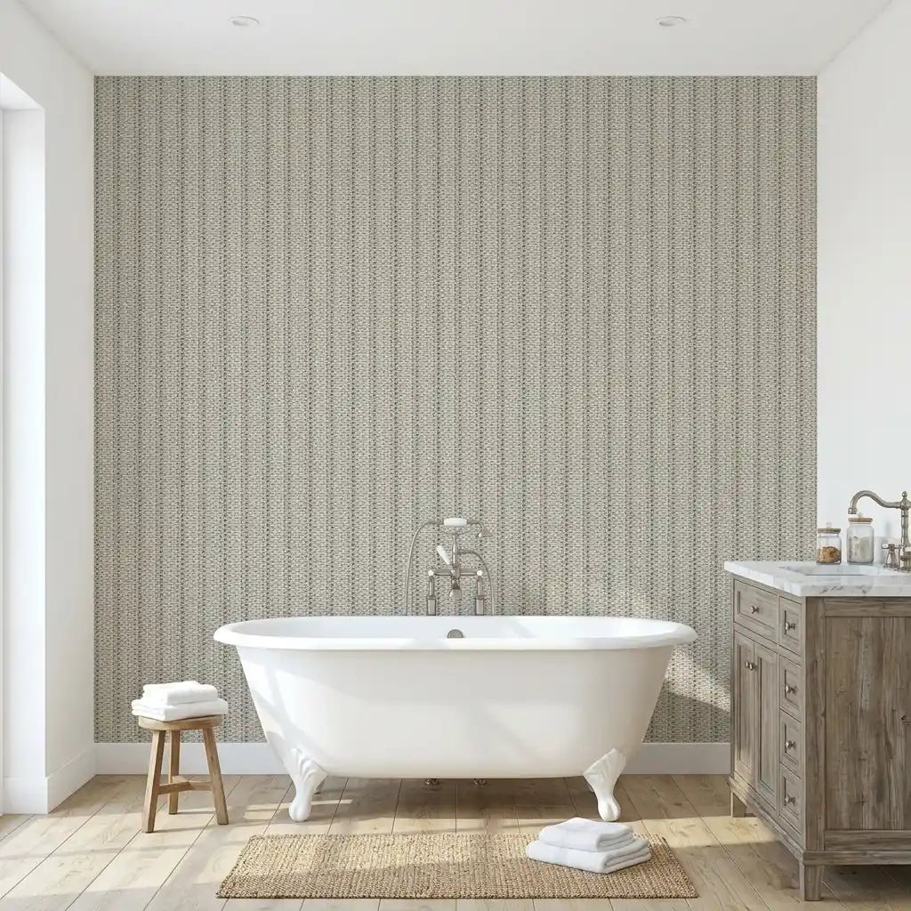 Bathroom - Elegant space showcases 'Polo' wallpaper in Greige and Black by York Wallcoverings, adding sophisticated style.