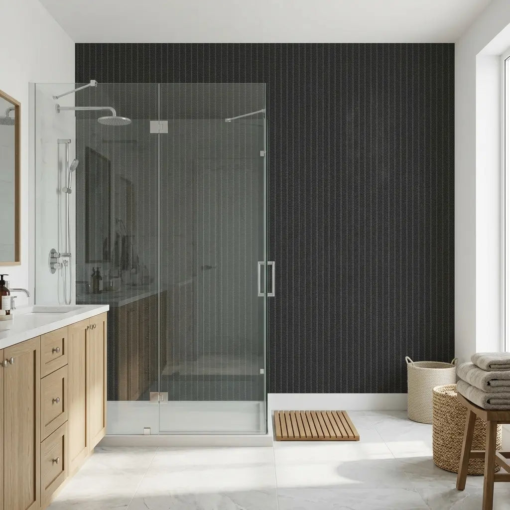 Bathroom - Elegant modern bathroom featuring "Polo" wallpaper in Charcoal and Grey by York Wallcoverings.