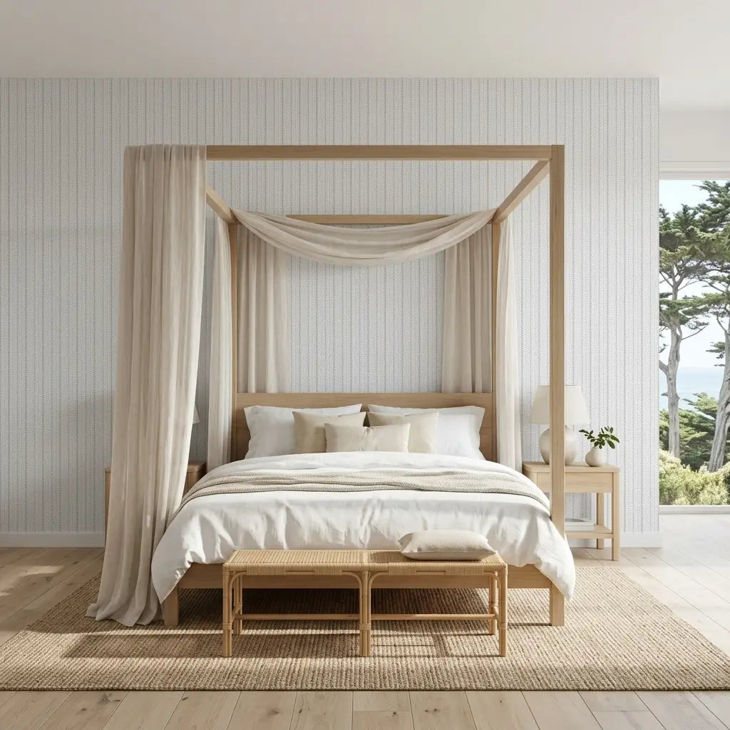 Bedroom - Features Light Grey 'Polo' wallpaper by York Wallcoverings, creating a bright and modern bedroom design.
