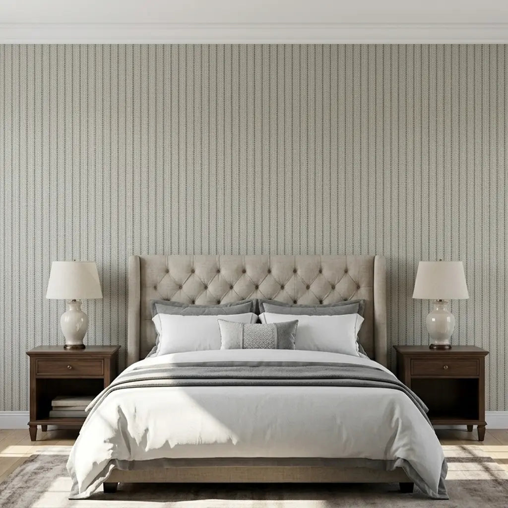 Bedroom - Modern bedroom showcasing stylish Polo wallpaper in Greige and Black by York Wallcoverings, adding sophisticated elegance.