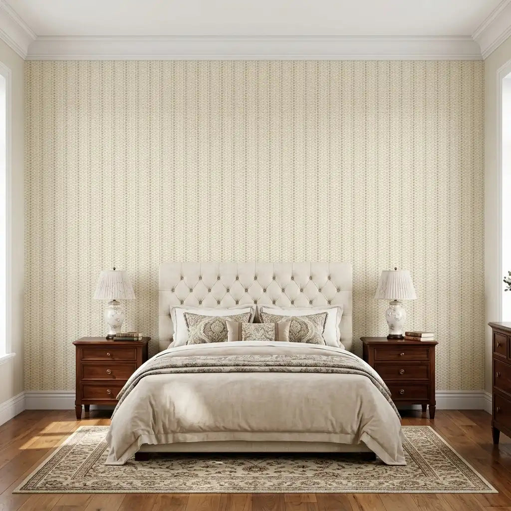 Bedroom - York Wallcoverings' Polo wallpaper in Warm Ivory brings elegant style to this serene bedroom interior design.