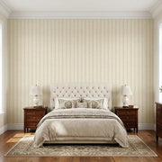 Bedroom - York Wallcoverings' Polo wallpaper in Warm Ivory brings elegant style to this serene bedroom interior design.