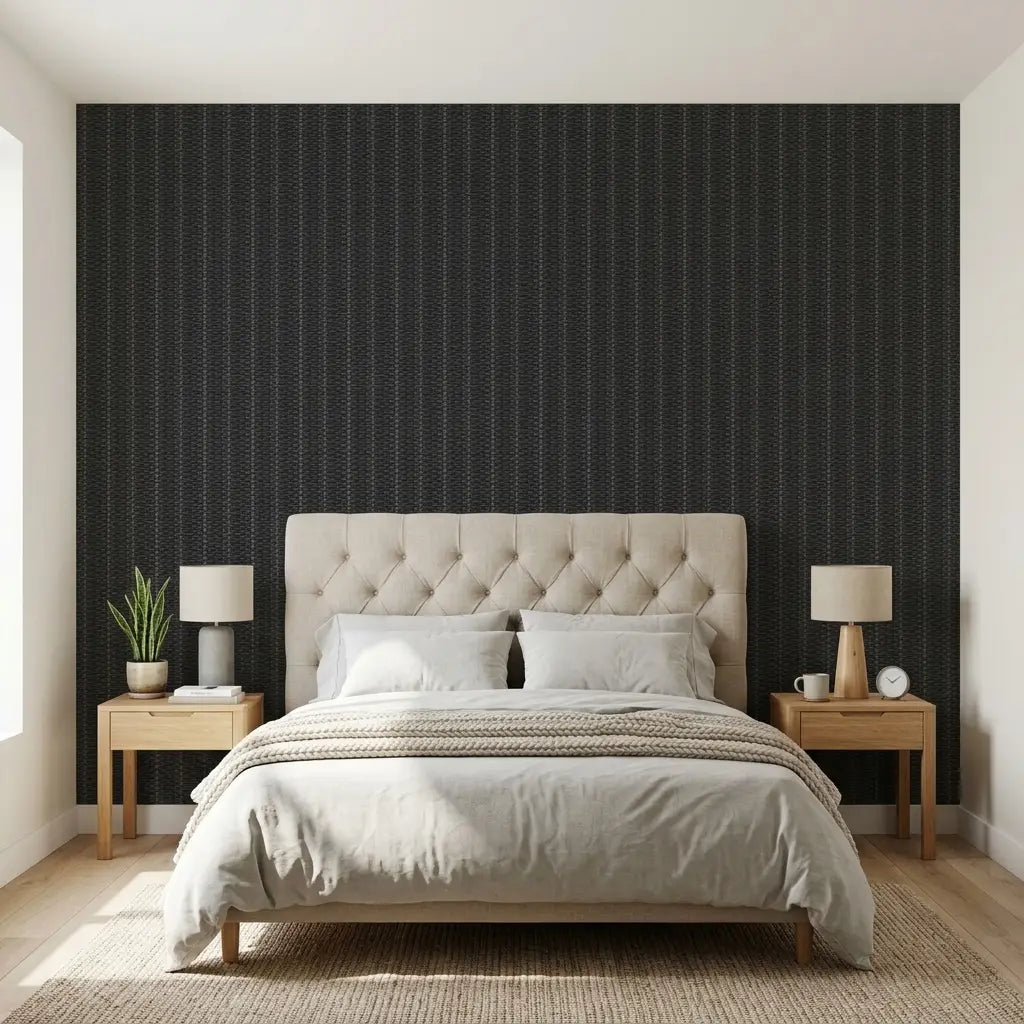 Bedroom - Polo wallpaper in Charcoal and Grey by York Wallcoverings creates a sophisticated and modern backdrop.