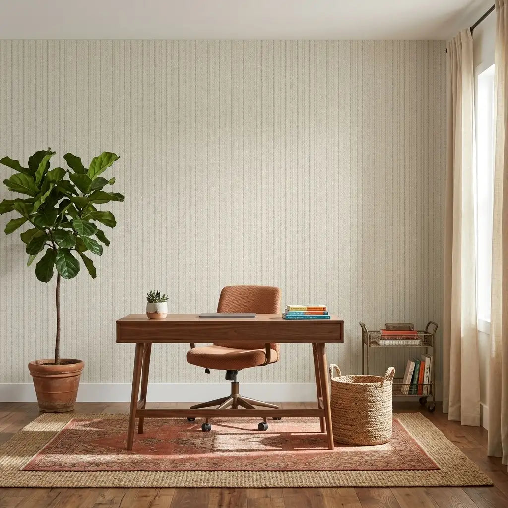 Home Office - Elegant workspace featuring York Wallcoverings' Polo wallpaper in a sophisticated Warm Ivory, perfect for productivity.